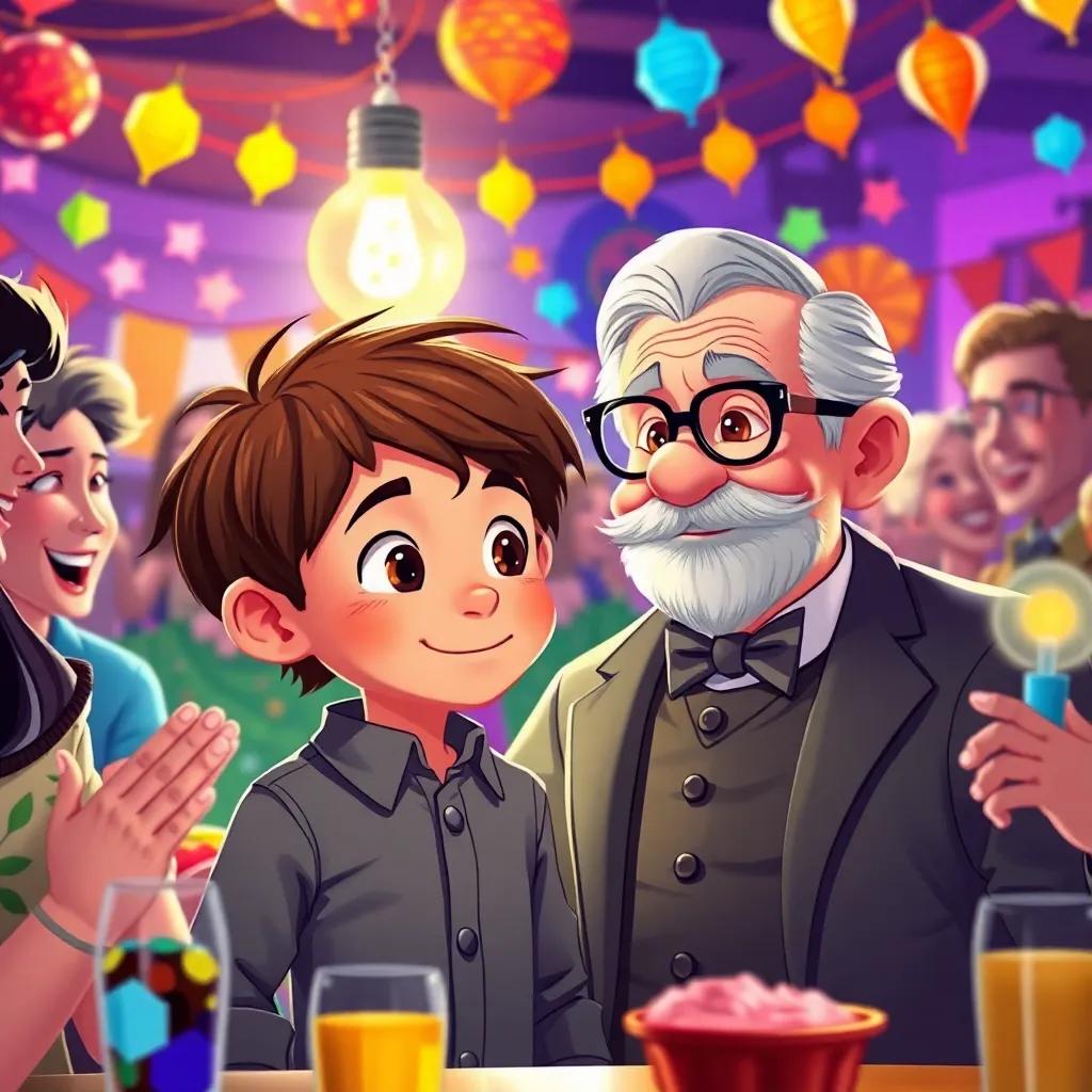Toby, a young boy with short brown hair, at a lively party with Thomas Edison, a kind man with a mustache and glasses, surrounded by happy people, sharing ideas and inventions, colorful party decorations, joyful vibe, detailed digital art, imaginative scene