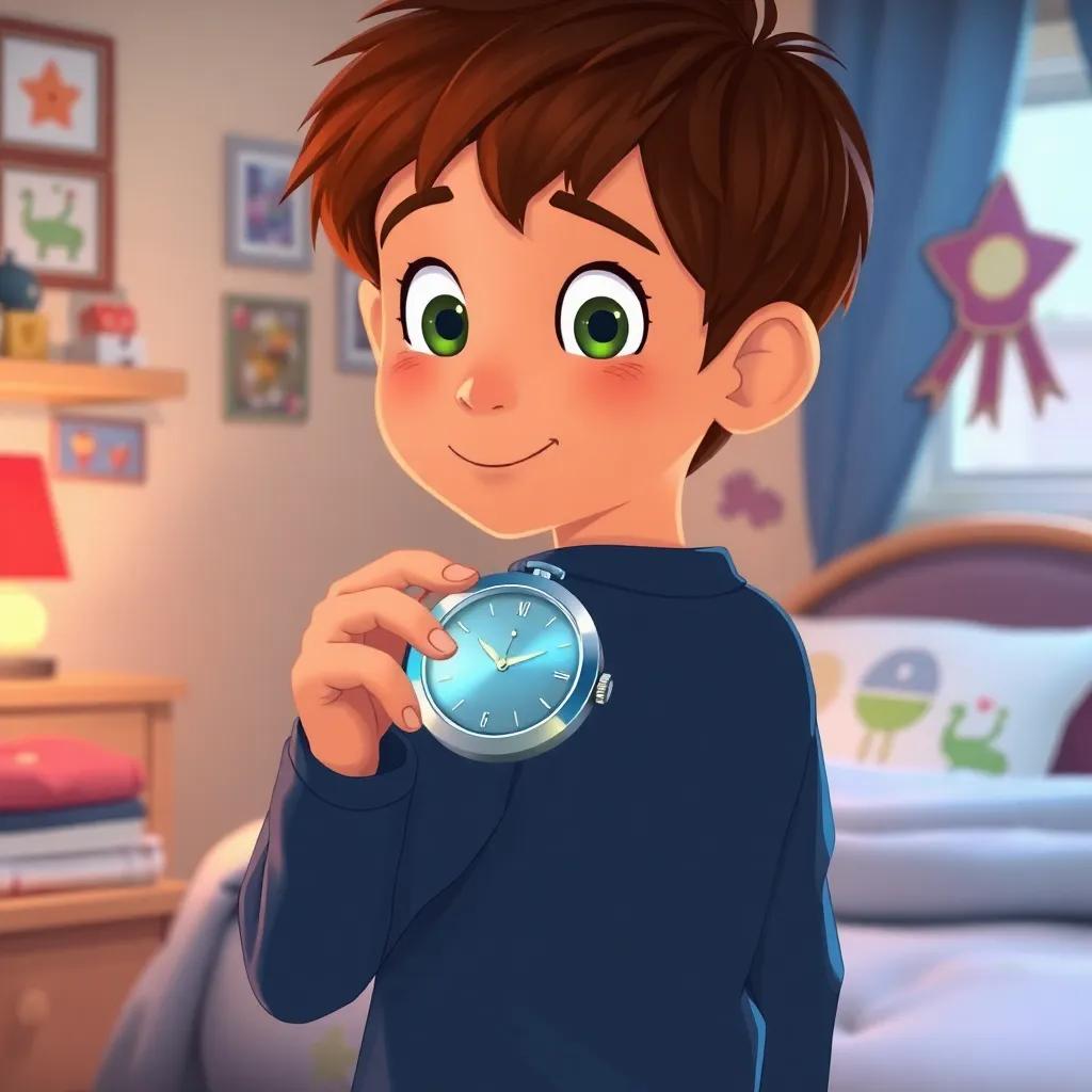 Toby, a young boy with short brown hair, back in his room holding the shimmering time-traveling watch, looking thoughtful and happy, cozy bedroom, soft lighting, colorful decorations, reflective mood, illustration, emotional atmosphere