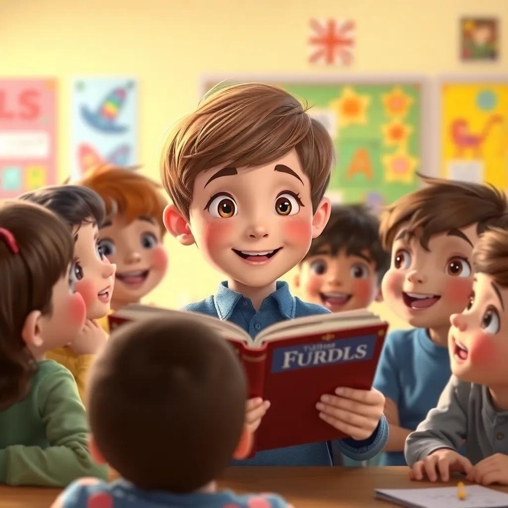 Toby, a young boy with short brown hair, sharing stories with his friends at school, surrounded by excited classmates listening intently, bright classroom with colorful posters, joyous expressions, engaging moment, high quality, digital painting