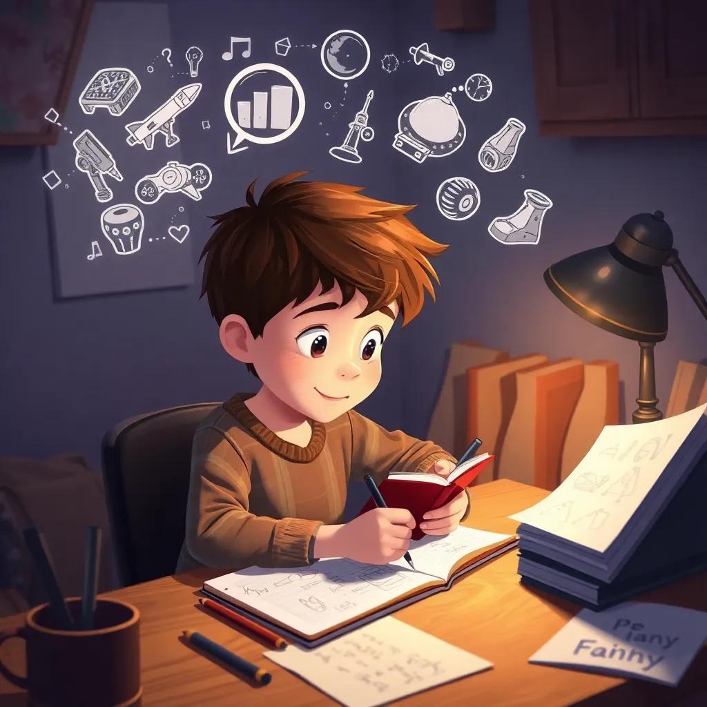 Toby, a young boy with short brown hair, dreaming about inventions while writing in a notebook, cozy desk with sketches and ideas, warm light from a lamp, inspiring atmosphere, imaginative scene, cute illustration, child-friendly