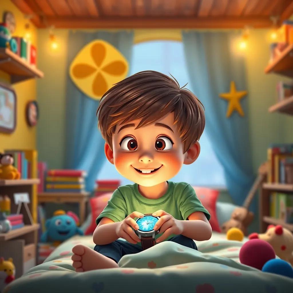Toby, a young boy with short brown hair, looking at the magical watch with a big smile, sitting on his bed, ready for new adventures, colorful room filled with toys and books, cheerful and warm ambiance, detailed digital art, high quality
