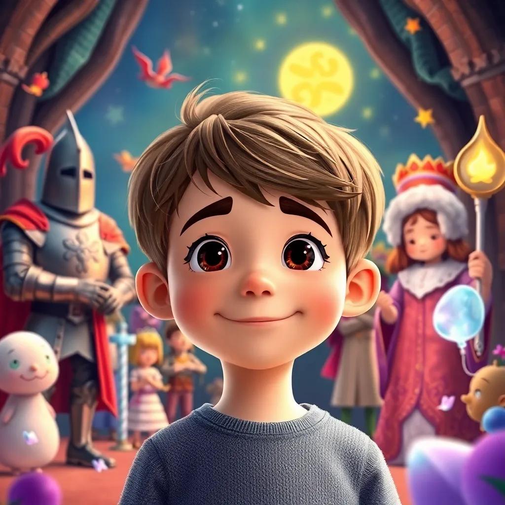 Toby, a young boy with short brown hair, surrounded by bright, whimsical illustrations of historical figures he met, like the knight, queen, and scientist, magical environment, colorful and engaging, storytelling view, imaginative scene, child-friendly