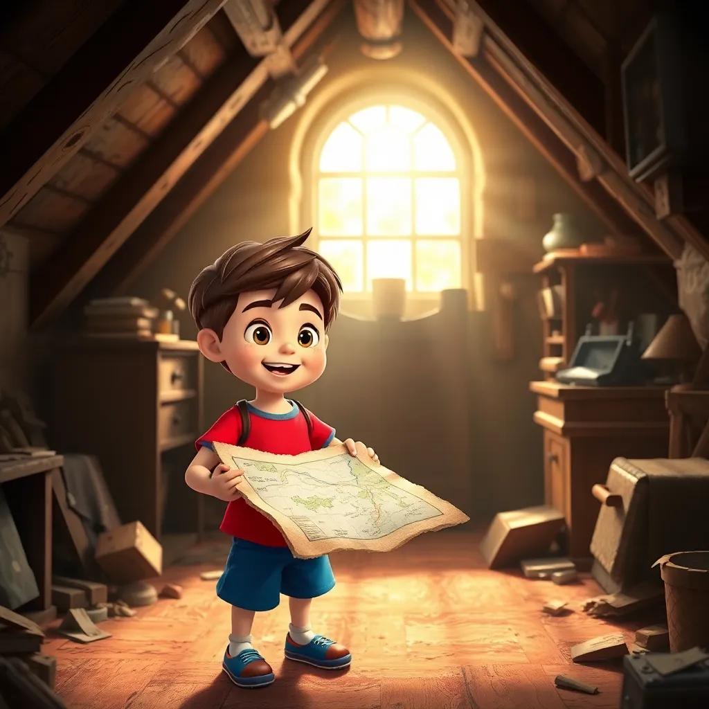 A brave boy, Toby, with short brown hair wearing a bright red t-shirt and blue shorts, happily finding an old map in a dusty attic, sunlight streaming in, warm and inviting atmosphere, digital art, playful, vibrant colors, cheerful and bright