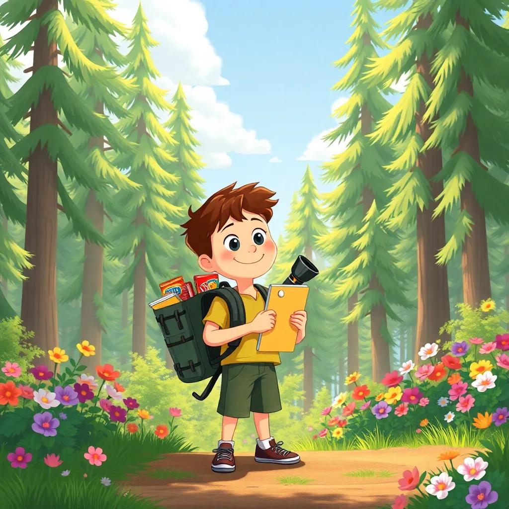 Toby packing his backpack with snacks, flashlight, and notebook, standing at the edge of a sunny forest, tall lush trees and colorful flowers around, illustration, adventurous, cheerful, child-friendly