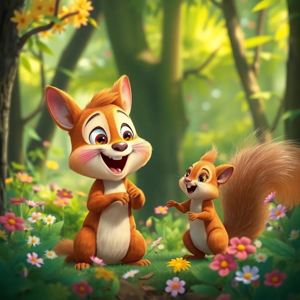 Toby with Sammy the talking squirrel, a small squirrel with bright eyes and a fluffy tail, singing and laughing together in the forest, vibrant greenery and flowers everywhere, digital painting, joyful and lively, fun and engaging