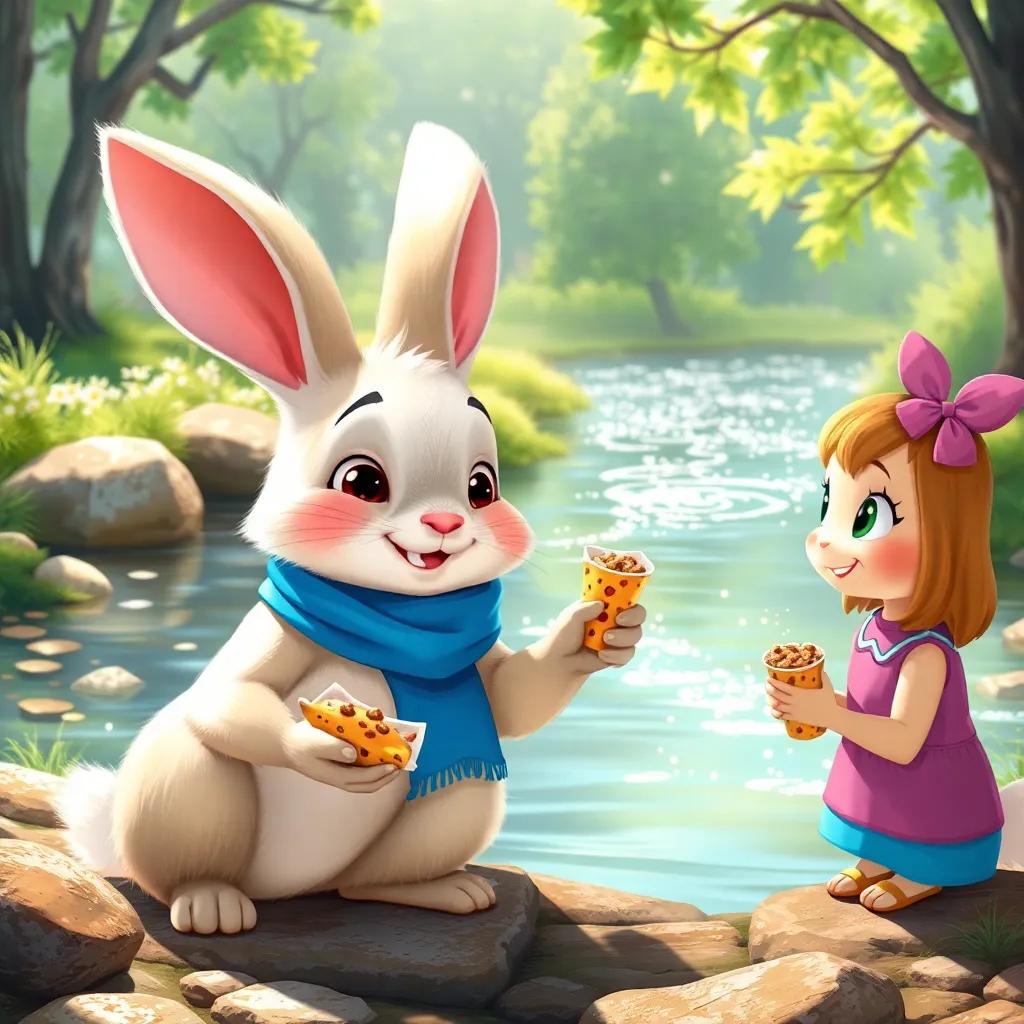 Toby, Sammy, and Lilly, a kind-hearted rabbit with soft white fur and a blue scarf, sharing snacks by a sparkling river, surrounded by sparkling water and trees, bright day, heartwarming scene, colorful, engaging artwork
