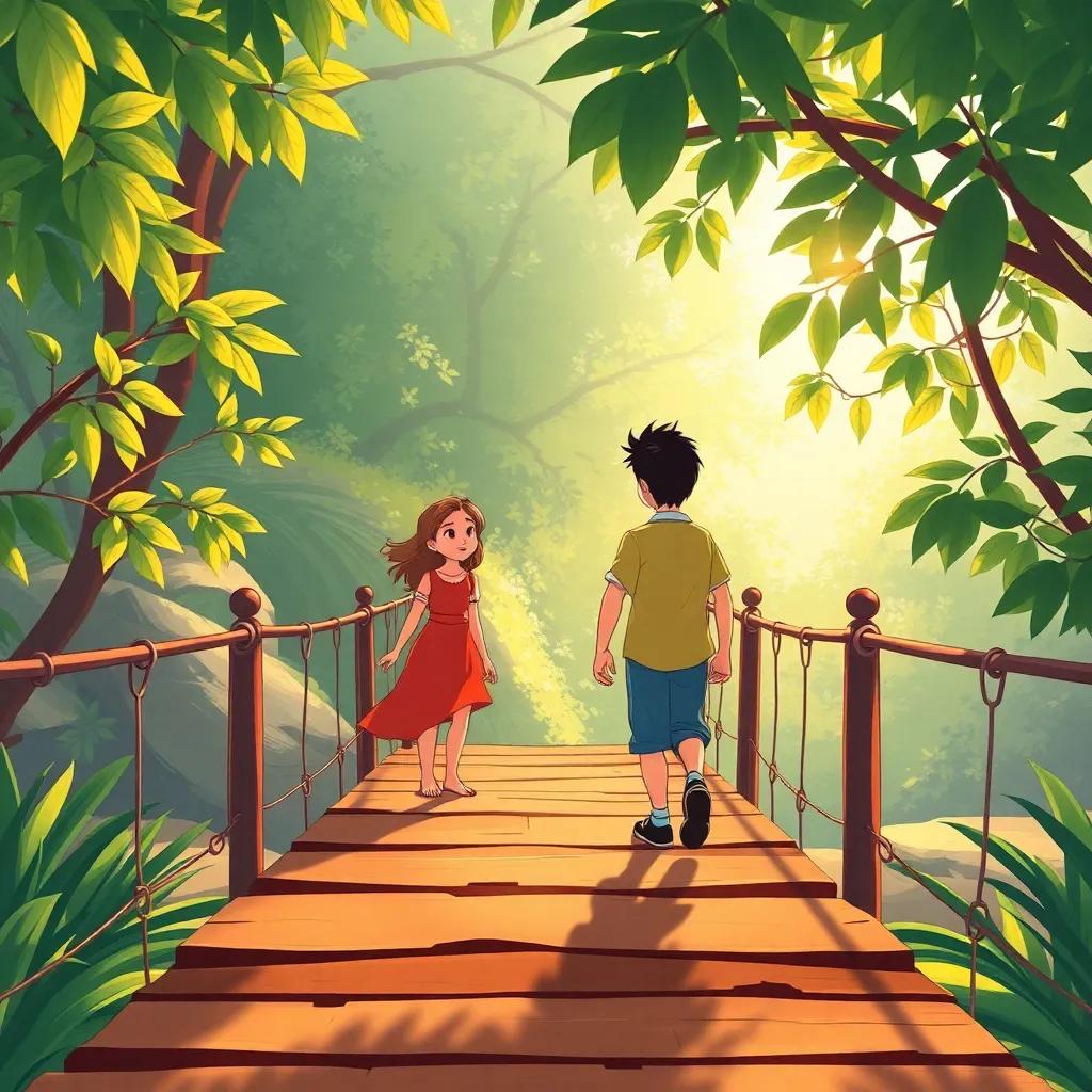 The trio facing a wobbly bridge, crossing it together with determination, lush surroundings and sunlight filtering through leaves, illustration, inspiring scene, optimistic atmosphere, warm colors