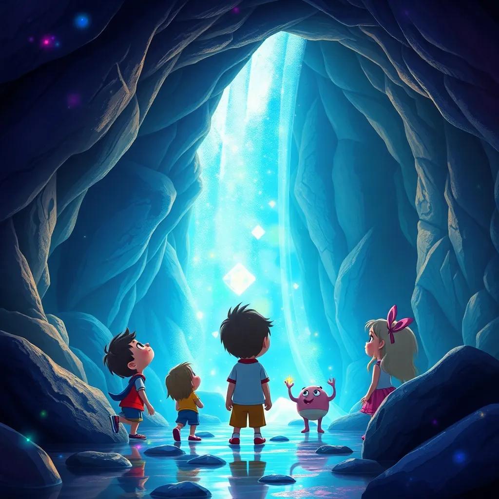 An enchanting cave behind a waterfall with sparkling gems inside, Toby, Sammy, and Lilly looking amazed at their find, magical and colorful light reflections, whimsical, digital art, fantastical feeling