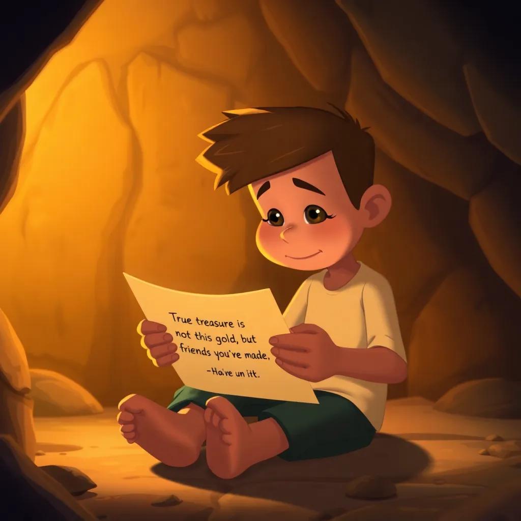 Toby reading the note that says 'True treasure is not this gold, but the friends you’ve made,' with emotional expressions while sitting in the cave, warm and inviting light, sentimental atmosphere, touching moment, storybook illustration