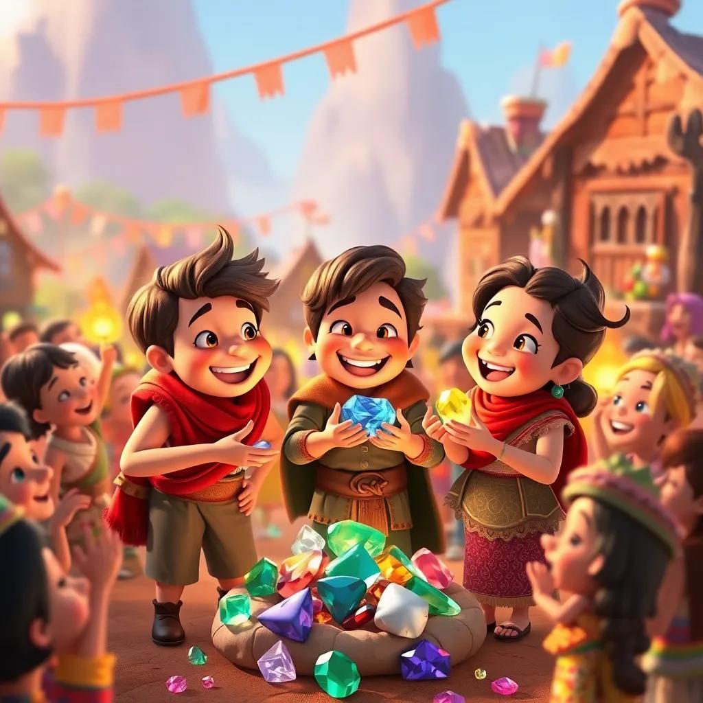 The trio happily sharing gems with their village, surrounded by cheerful villagers celebrating, vibrant scene with warm colors and joy, lively atmosphere, engaging and heartwarming