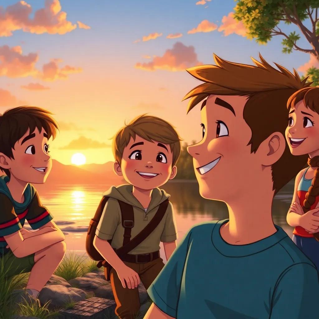 Toby, a brave boy, reflecting on his adventure with his friends by the riverside, smiling and laughing together, warm sunset in the background, peaceful and joyful scene, heartwarming close-up illustration
