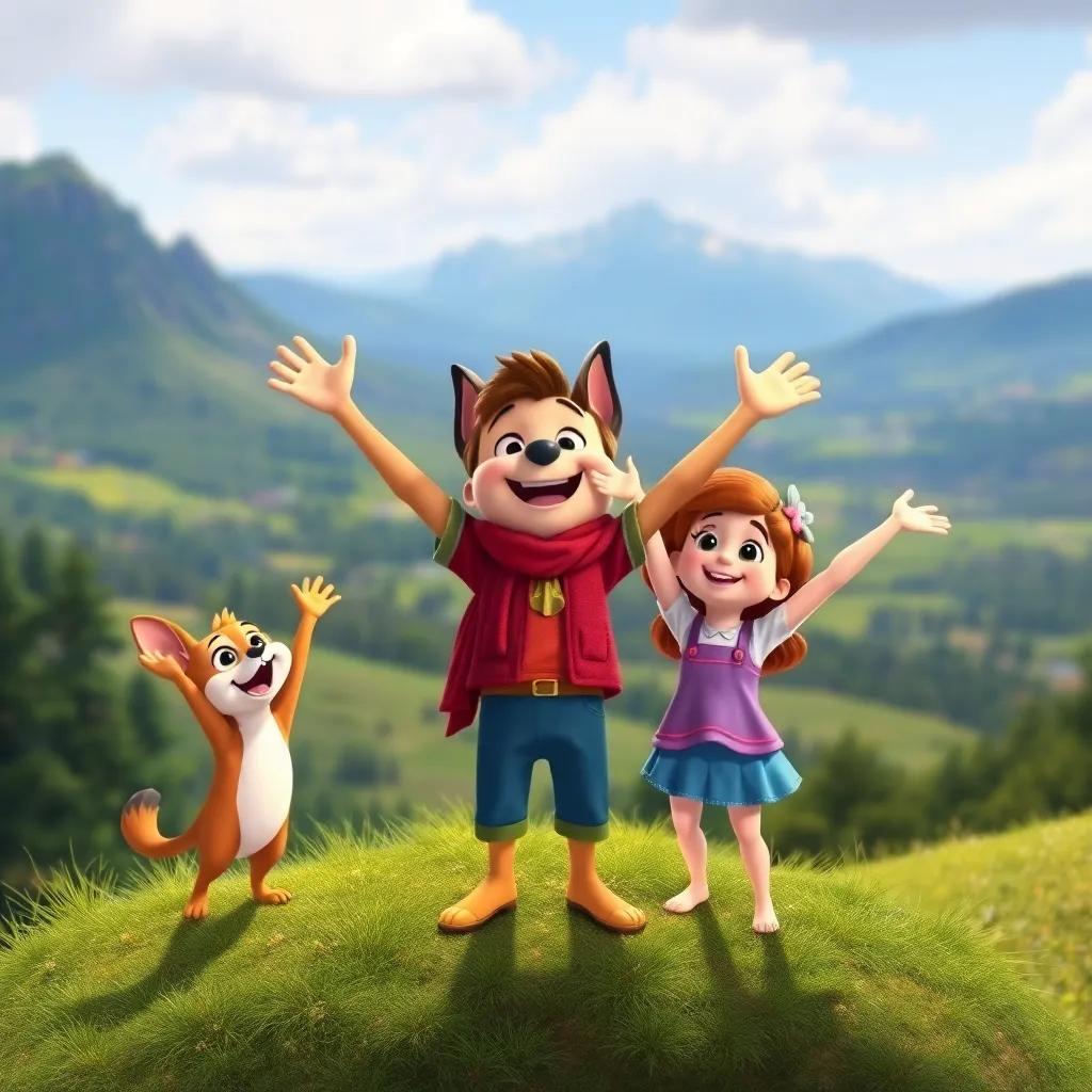Toby realizing that the treasure is truly the bond of friendship, standing on a hill with Sammy and Lilly, arms raised in joy, beautiful landscape behind them, uplifting and cheerful mood, colorful artwork