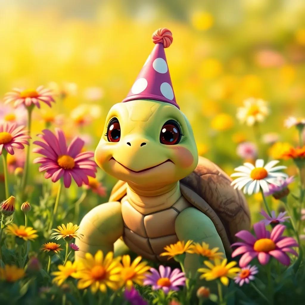 A happy turtle named Toby, wearing a little party hat, surrounded by colorful wildflowers in a bright sunny garden, digital art, cheerful, vibrant colors, warm light, high quality