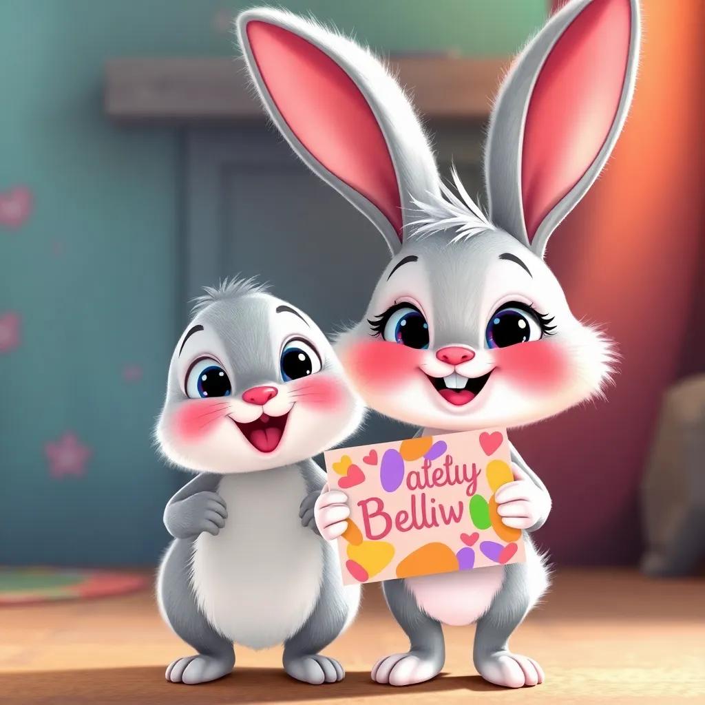 A bright-eyed bunny named Bella, with fluffy ears and a joyful expression, standing beside Toby, holding a colorful invitation in her paws, detailed illustration, whimsical atmosphere, soft colors, high quality