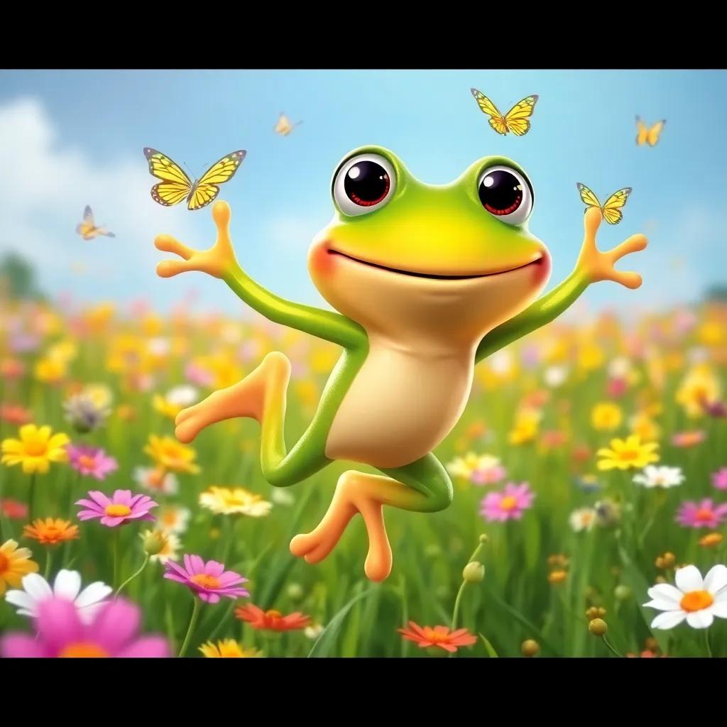 Freddie the frog, jumping joyfully in a wildflower-filled field, his big eyes wide with excitement, butterflies flying around him, colorful, playful vibe, bright light, high quality