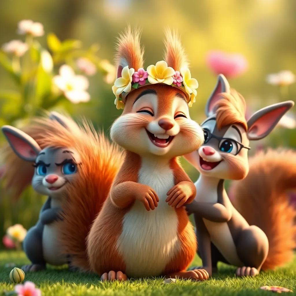 Sammy the squirrel, with a bushy tail, wearing a flower crown, laughing as he poses with Toby and Bella in the garden, joyful expressions, warm light, lively colors, high quality