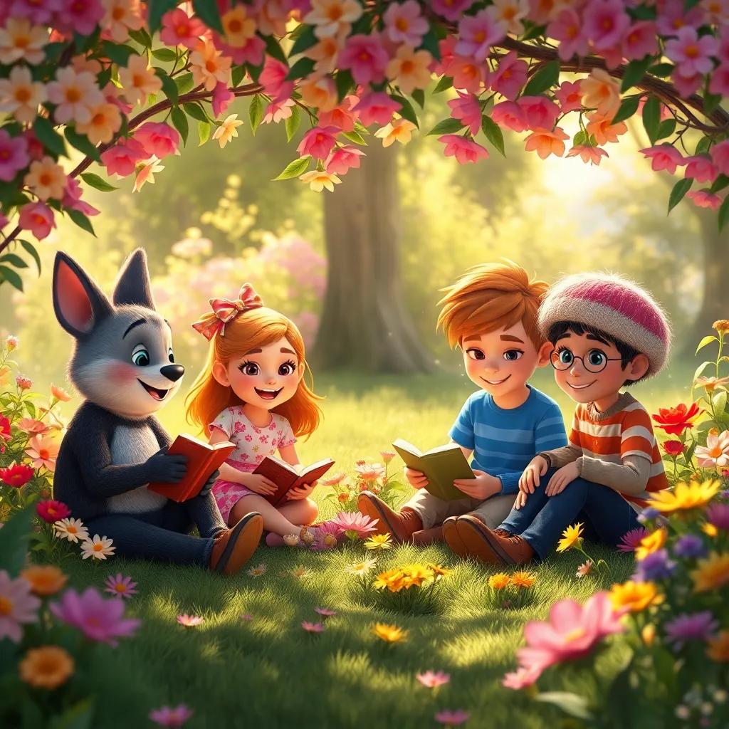 A group of friends, Toby, Bella, Freddie, and Sammy sitting in a circle under the flowers, sharing stories, nature surrounding them with colorful flowers, cozy atmosphere, warm sunlight, high quality