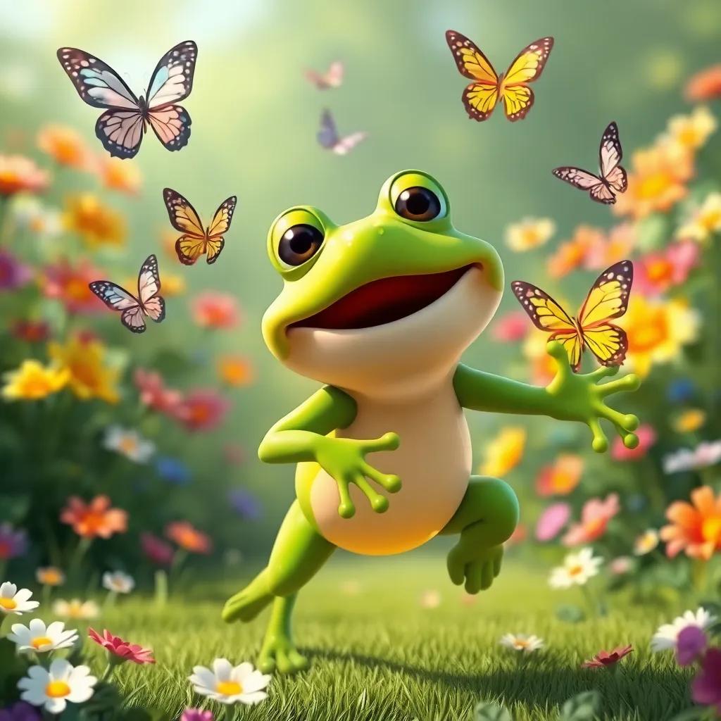 Freddie the frog hopping around, chasing butterflies, with laughter in the air and colorful flowers filling the background, playful scene, bright and cheerful, high quality