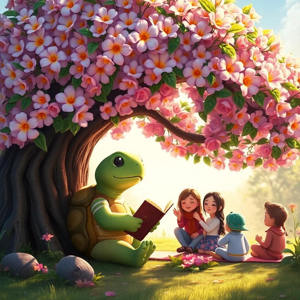 Toby the turtle under a beautiful flower tree, telling stories with friends gathered around, a soft breeze rustling the flowers, warm light, lovely scene, high quality
