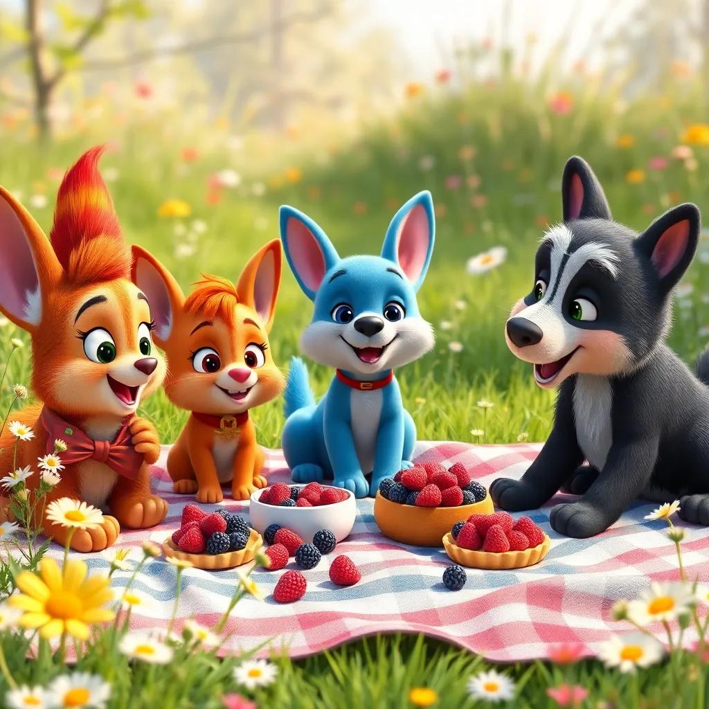 A picnic scene with Toby, Bella, Sammy, and Freddie enjoying berry treats on a picnic blanket, surrounded by wildflowers, colorful and cheerful atmosphere, warm daylight, high quality