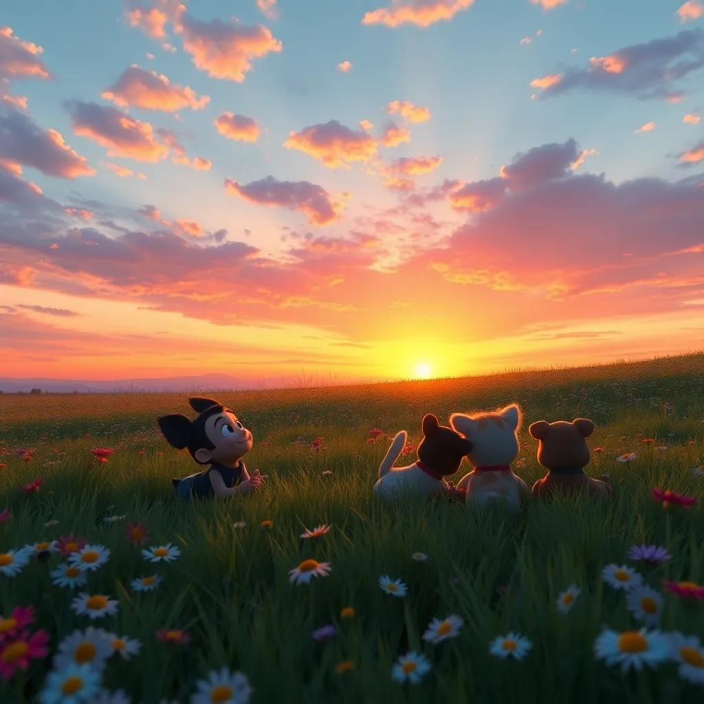A sunset view over the wildflower field, with Toby and his friends lying on the grass, looking at the colorful sky, peaceful and heartwarming scene, soft colors, high quality