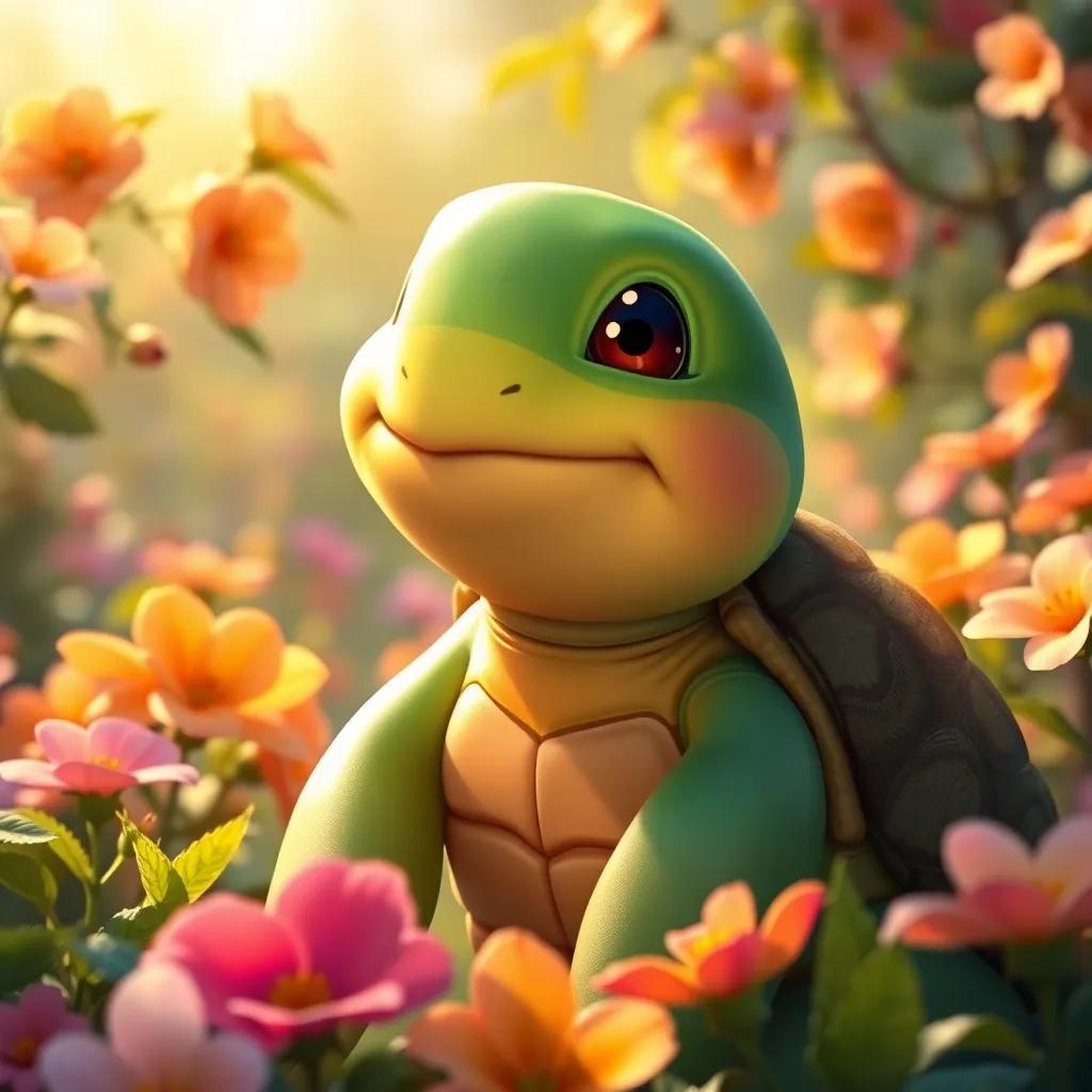 Toby the happy turtle, smiling as he watches his friends enjoy nature, surrounded by blooms and love, warm light, vivid colors, heartwarming moment, high quality
