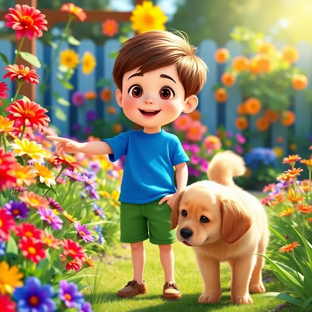 A young boy, Tom, with short brown hair, wearing a bright blue shirt and green shorts, standing in a vibrant garden pointing at colorful flowers, with his fluffy golden retriever, Max, eagerly sniffing around, bright sunlight, cheerful atmosphere, child-friendly illustration.