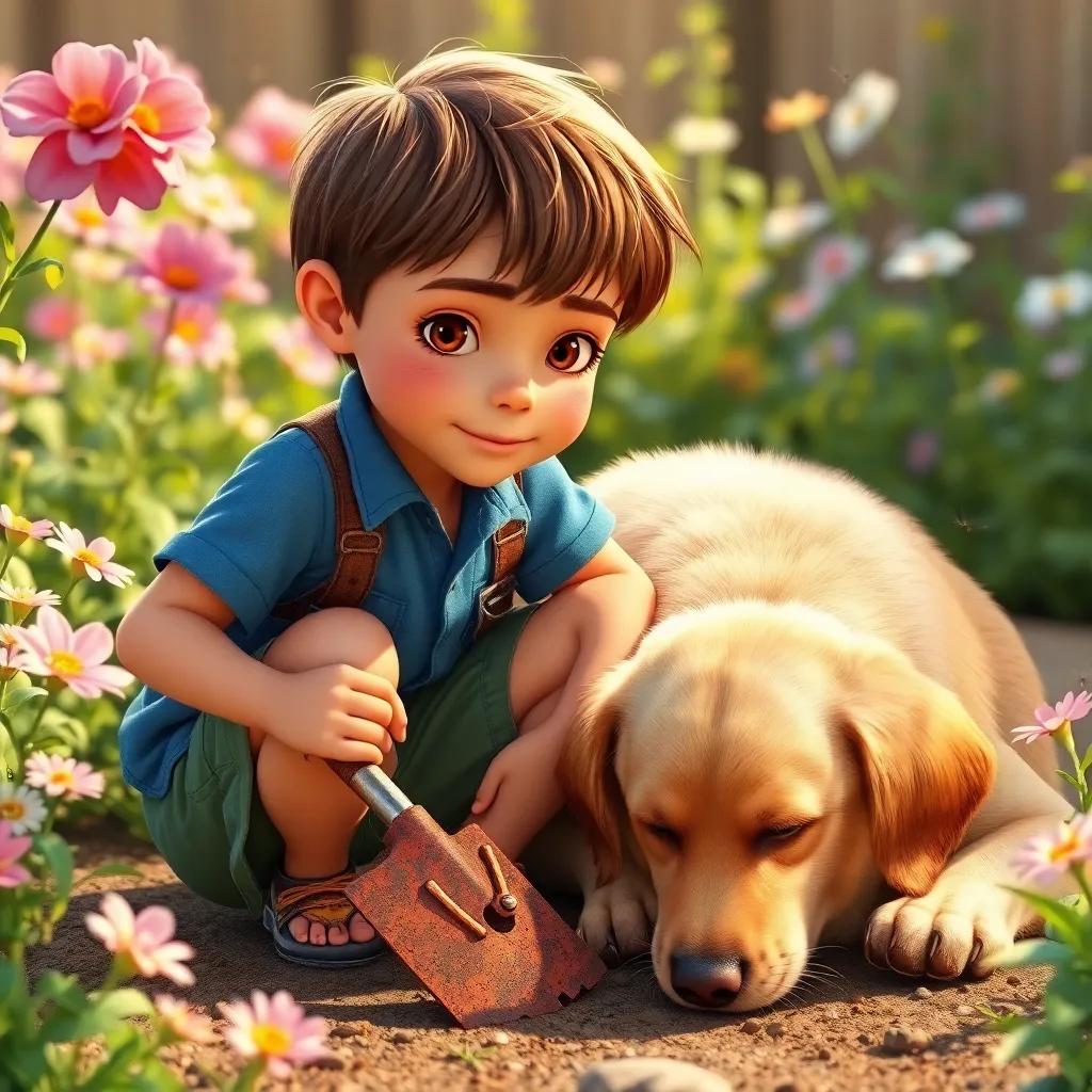 A young boy, Tom, with short brown hair in a blue shirt and green shorts, holding an old rusty gardening tool, kneeling beside his fluffy golden retriever, Max, who is sniffing the ground, surrounded by blooming flowers and buzzing insects, warm sunlight, inviting vibe, detailed depiction.