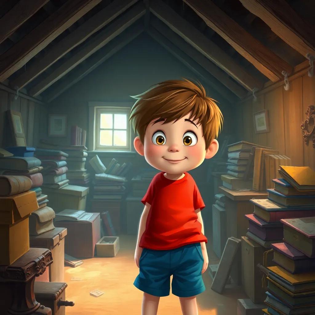 A curious boy named Tom, with short brown hair wearing a bright red t-shirt and blue shorts, exploring an attic filled with dusty boxes and old books, warm sunlight coming through a small window, cozy atmosphere, digital art, inviting, cheerful,