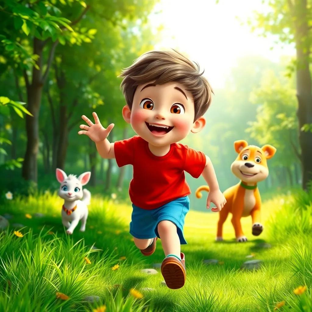 A young boy, Tom, with short brown hair, wearing a red t-shirt and blue shorts, running joyfully in a sunny green forest, surrounded by his friends Lily and Max, playful and cheerful atmosphere, digital art, vibrant colors, inviting sunlight, high quality