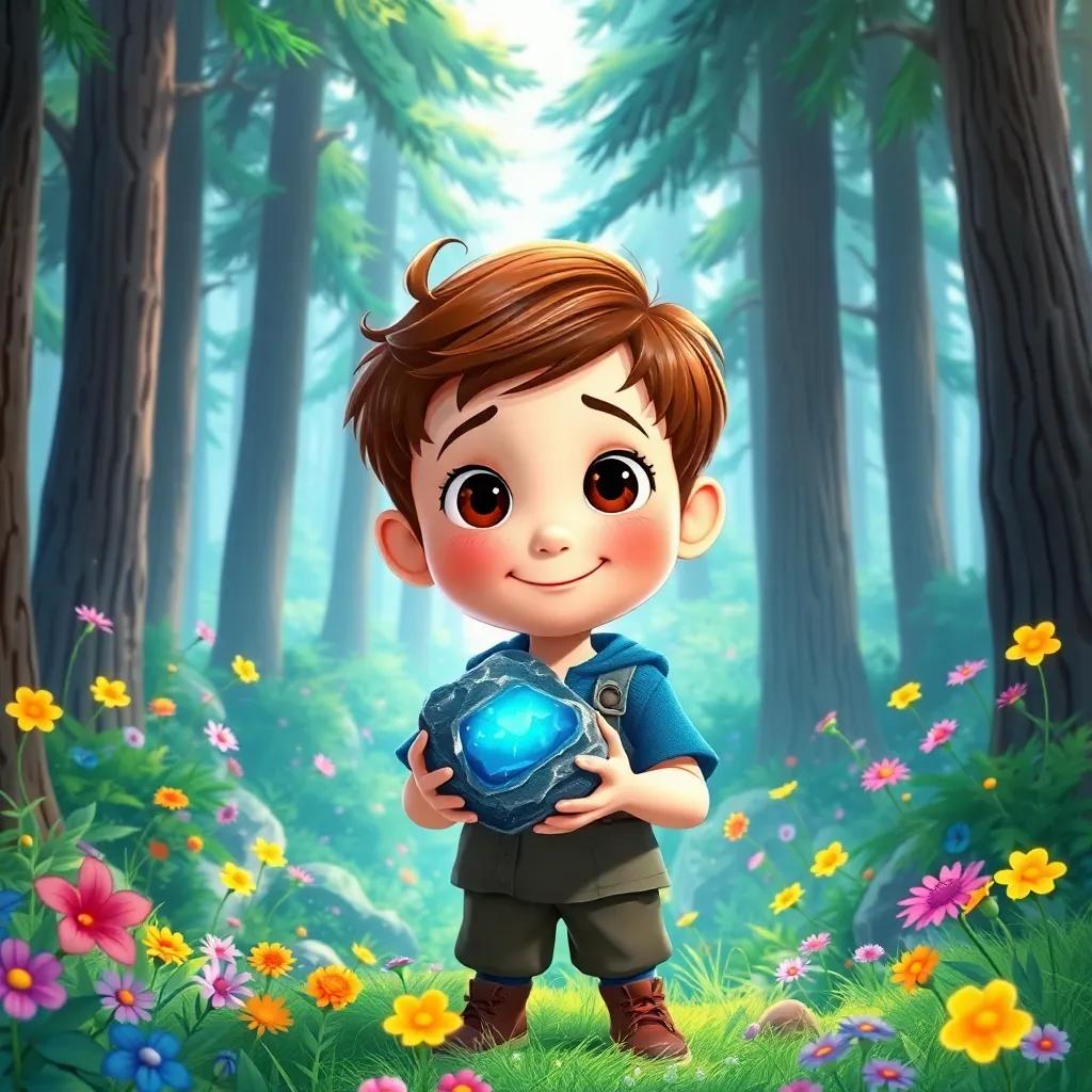 Tom, a young boy with short brown hair, holding a shiny rock, surrounded by tall trees and colorful flowers in a magical forest, full of wonder and excitement, illustration, bright colors, adventurous feel, child-friendly, high quality