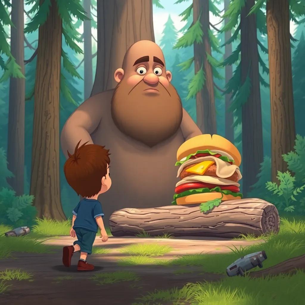 Tom Thumb, a tiny boy with short brown hair, walking towards a giant in a forest, the giant is sitting on a log eating a big sandwich, tall trees around them, digital illustration, whimsical details, inviting, high quality