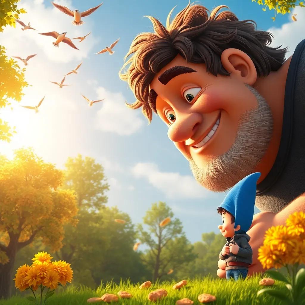 A giant with messy hair and a friendly smile, looking down at Tom Thumb, who is smiling back, birds flying in the sky, crumbs falling, warm sunlight streaming through trees, cheerful scene, digital art, bright colors, high quality
