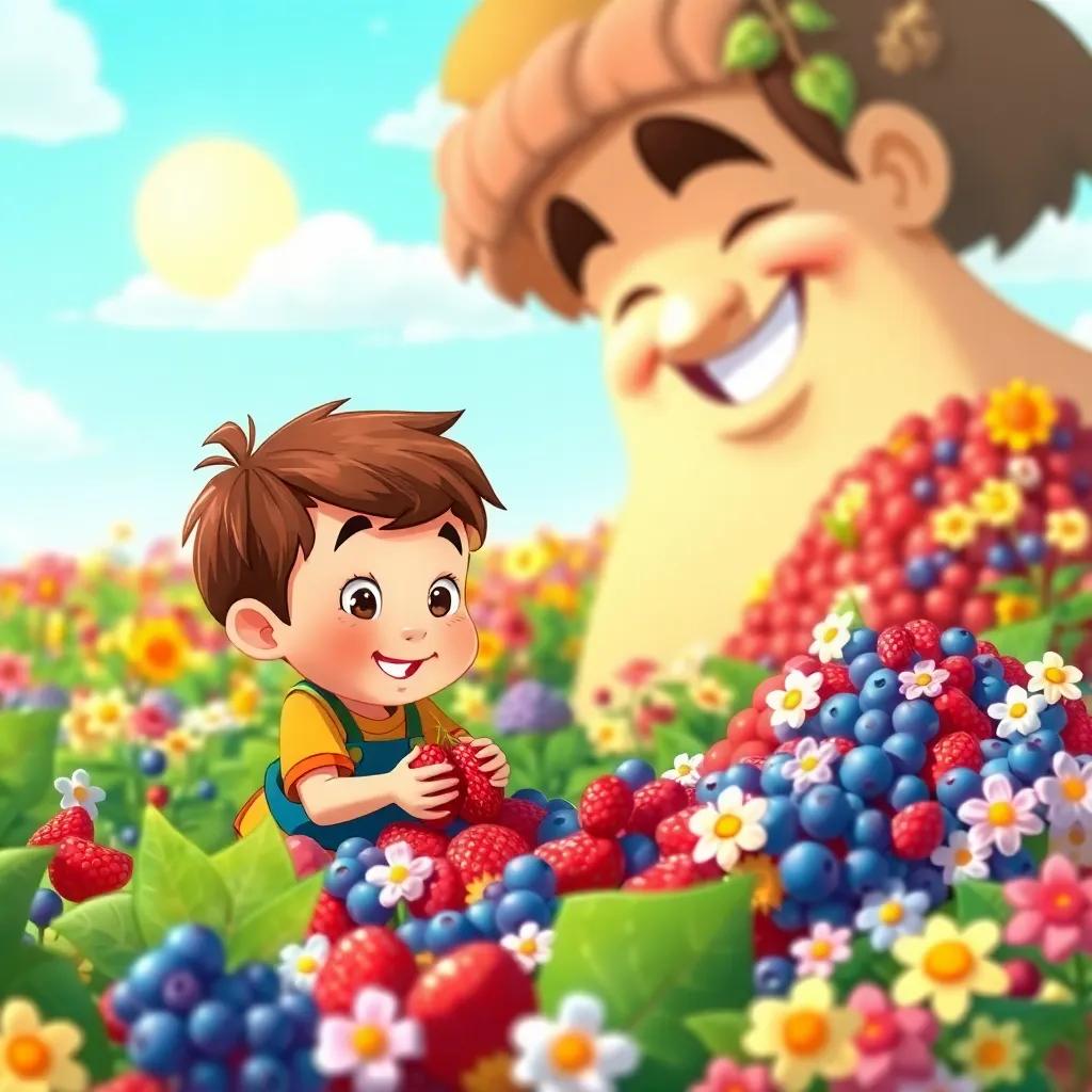 Tom Thumb, a tiny boy with short brown hair picking berries in a field, a giant with a joyful expression watching him, colorful berries piled high, sunny day, beautiful flowers everywhere, illustration, cheerful, child-friendly