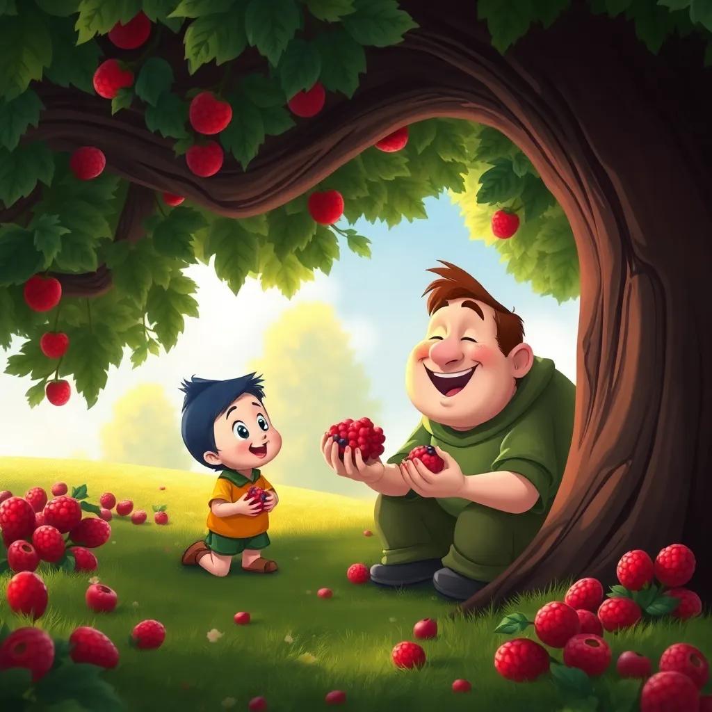 Tom Thumb and the giant sharing berries under a big tree, the giant looks grateful, Tom looks happy and proud, a peaceful scene with love and friendship, digital art, vibrant colors, warm light, high quality