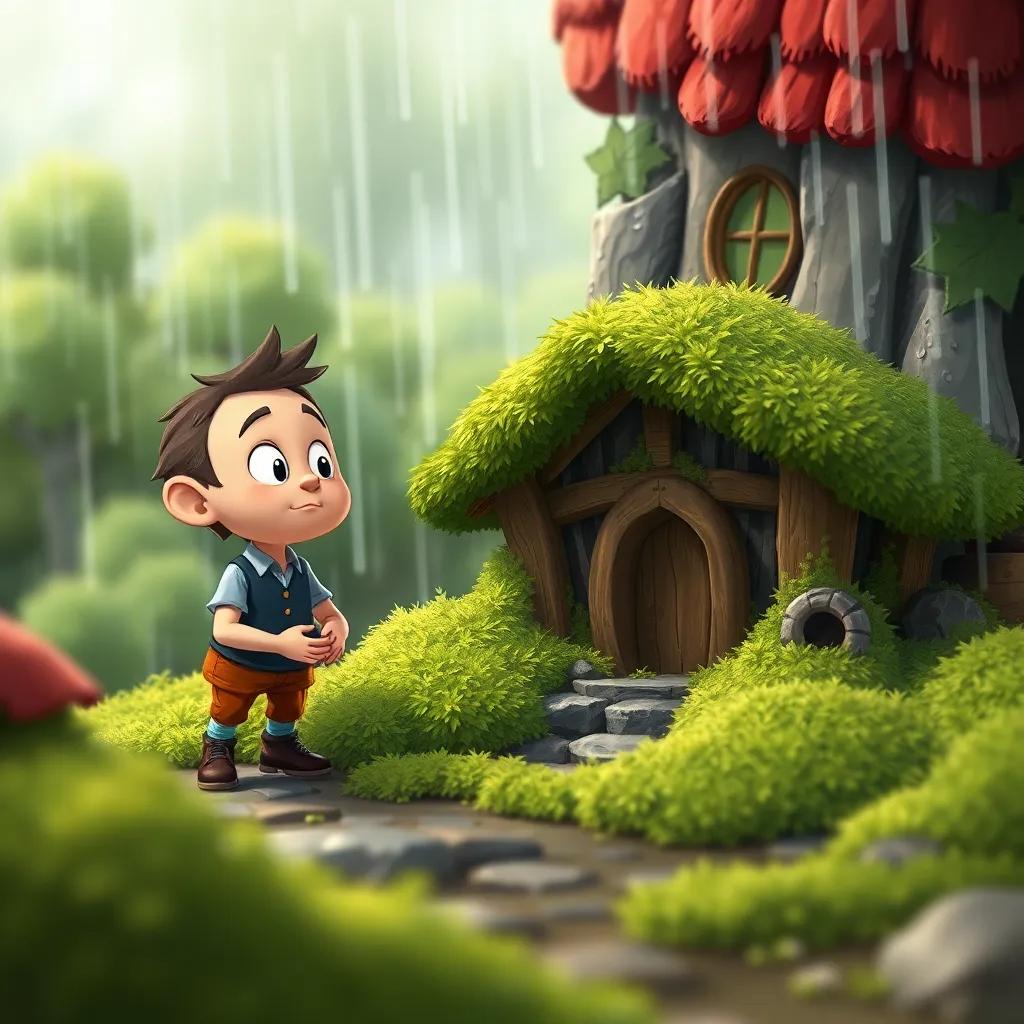 A tiny plan with Tom Thumb looking determined, gathering soft moss with the giant to cover the giant's house, rain pouring around them, feeling safe together, digital illustration, uplifting mood, high quality