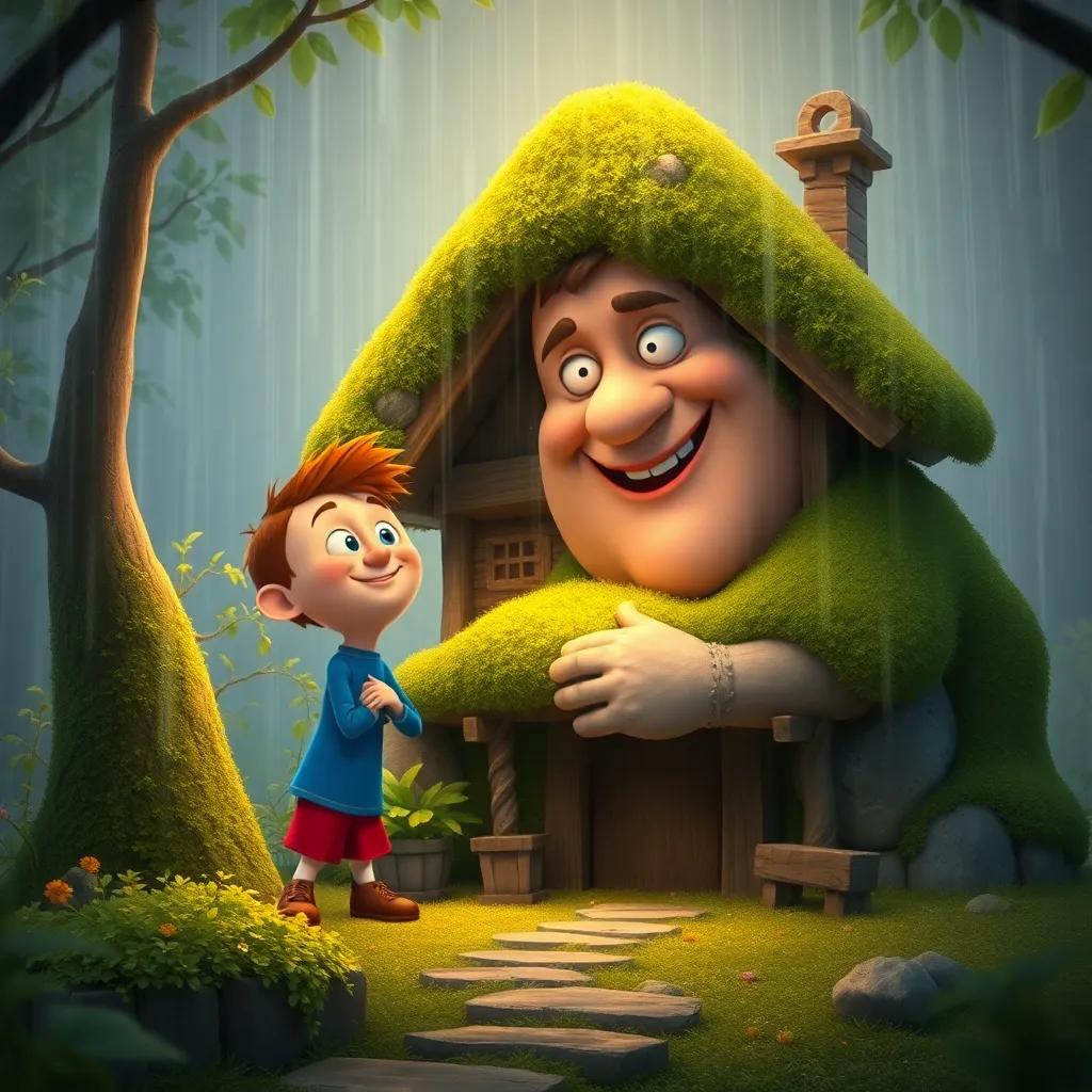 Tom Thumb and the giant covering the giant's house with moss, rain falling, a cozy atmosphere inside the house, smiles from both characters, digital art, warm and comforting, high quality