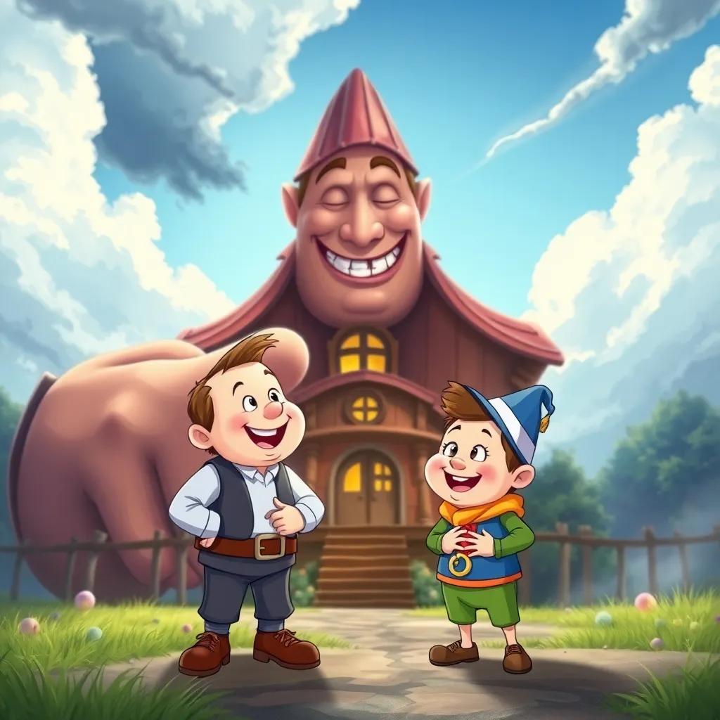 A big giant and tiny Tom Thumb, smiling at each other after the storm, they are in front of the giant's house surrounded by a bright sky, friendship and bravery all around, bright colors, illustration, happy vibe, high quality