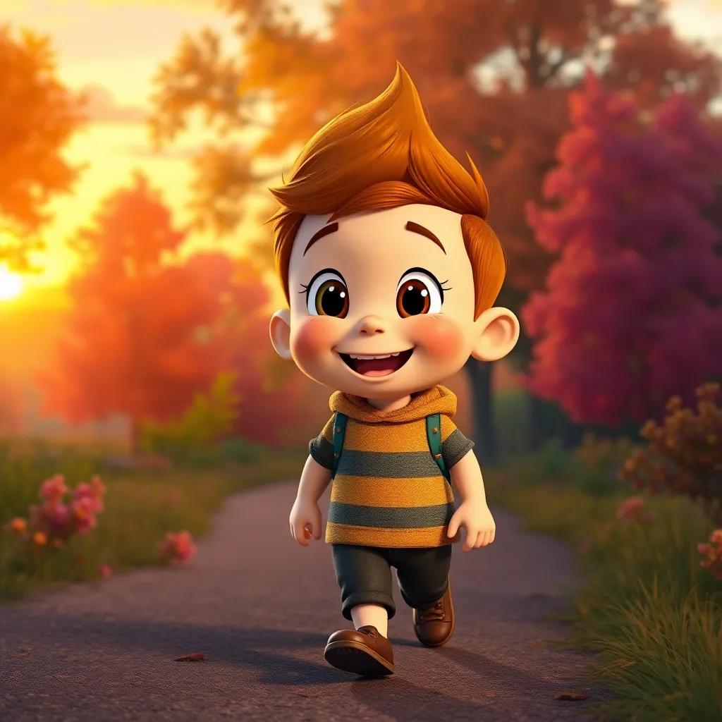 A tiny boy, Tom Thumb, with bright eyes and a joyful expression, walking home at sunset, feeling proud of his adventure, colorful trees around him, digital art, warm colors, inspirational atmosphere, high quality
