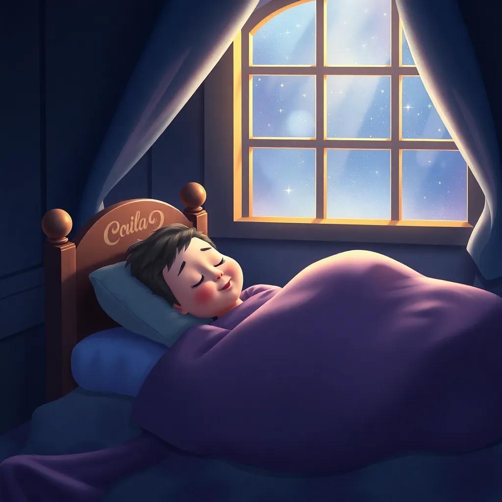 Tom Thumb sleeping soundly in his cozy little bed, dreaming of adventures, the stars shining through the window, a peaceful and happy scene, digital painting, dreamy setting, soft lighting, high quality