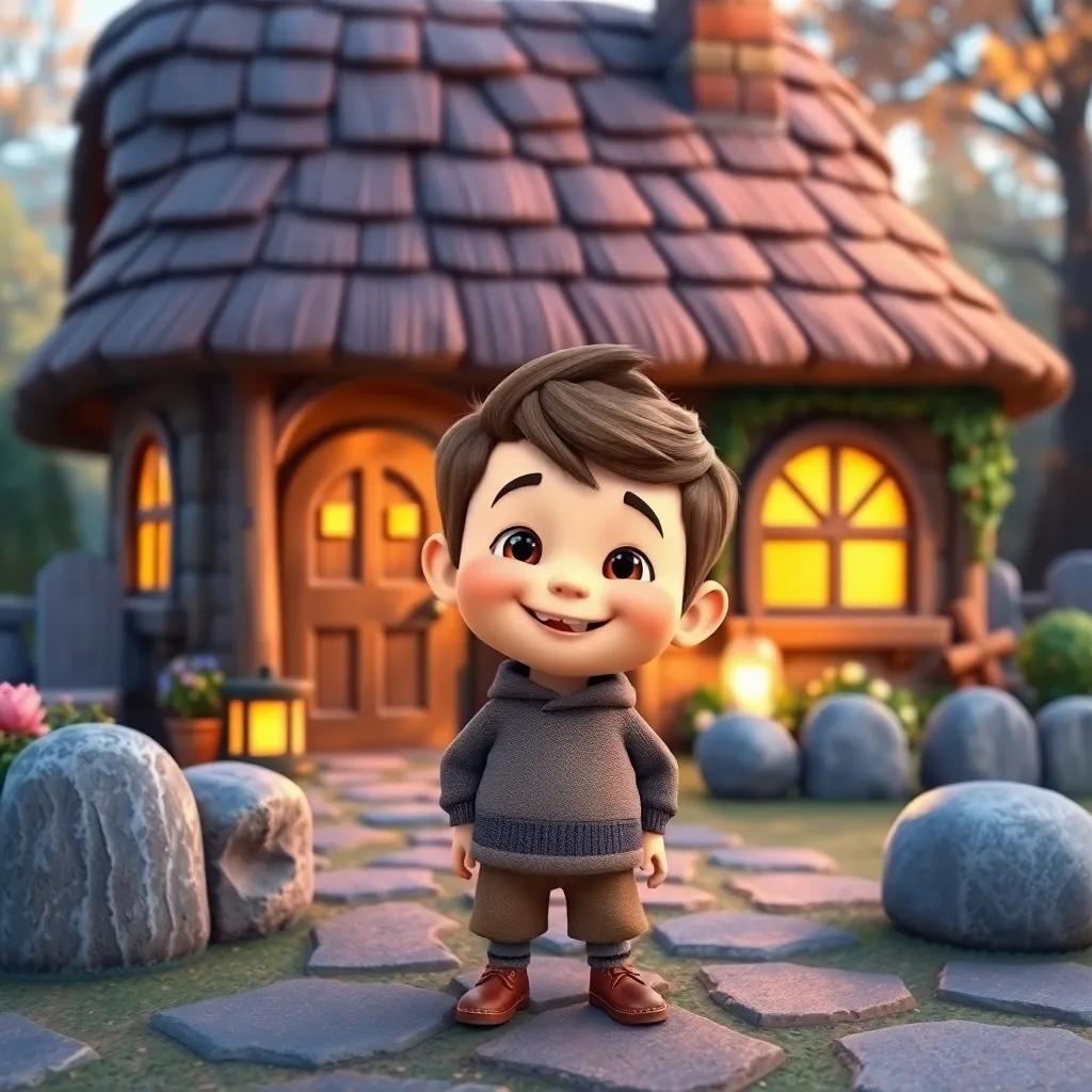A tiny boy, Tom Thumb, no bigger than a thumb, standing in front of a cozy cottage with a big smile, digital art, cheerful colors, inviting atmosphere, high quality