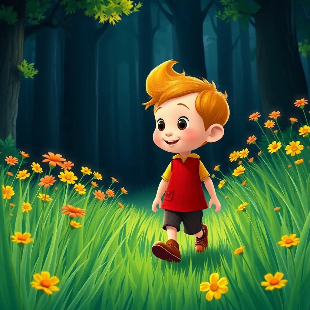 Tom Thumb, a tiny boy with a big dream, walking through green grass towards a dark forest, surrounded by bright flowers, illustration, vibrant, whimsical design, child-friendly