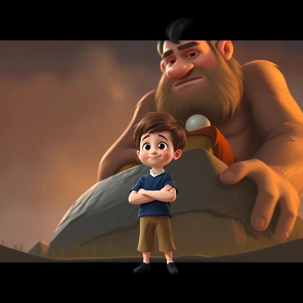 Tom Thumb, a tiny boy standing confidently in front of a sad giant, who is sitting on a big rock, digital painting, expressive faces, warm colors, storytelling mood