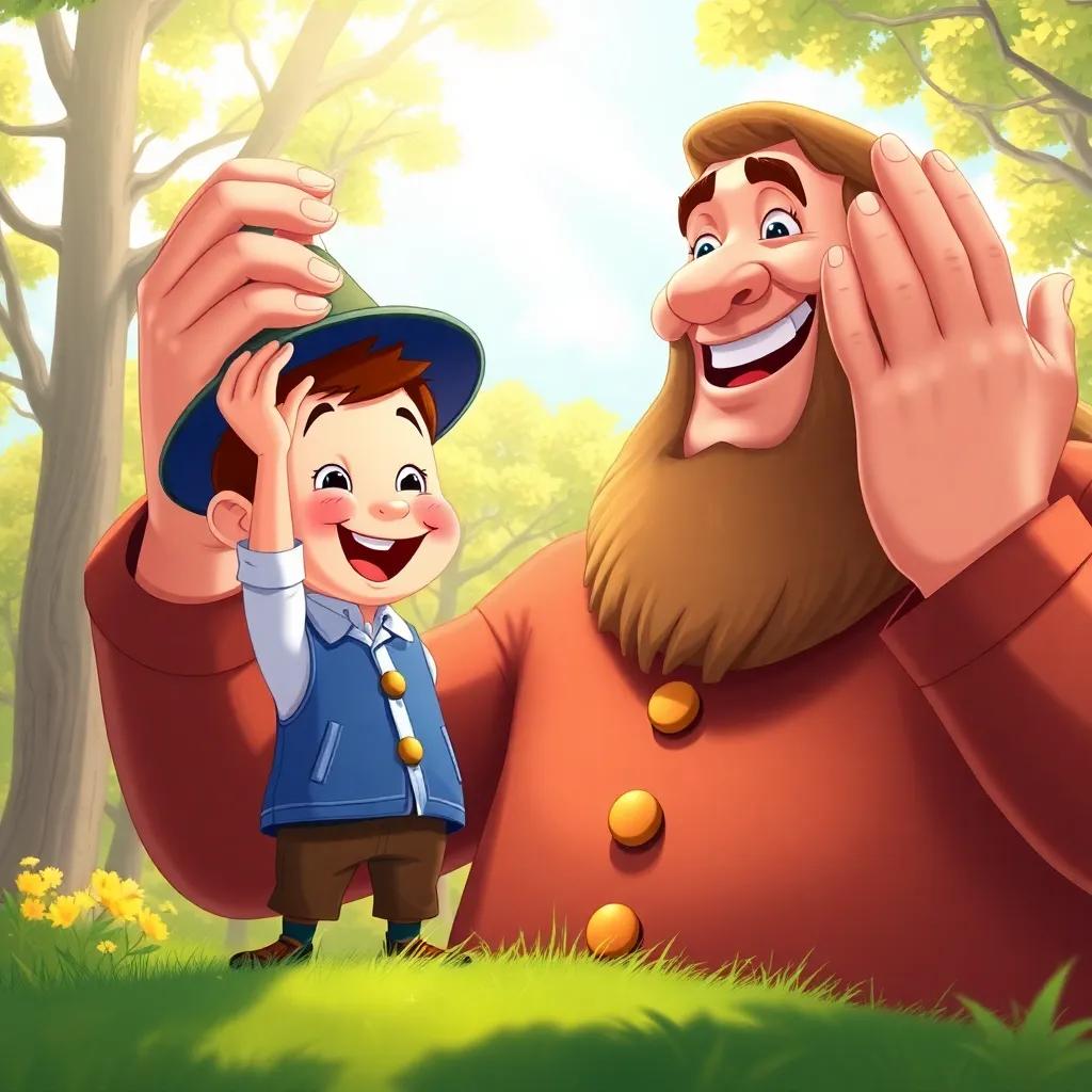 Tom Thumb holding the giant’s hat, smiling as the giant claps his big hands in delight, surrounded by trees and sunlight, joyful illustration, cheerful colors, high quality