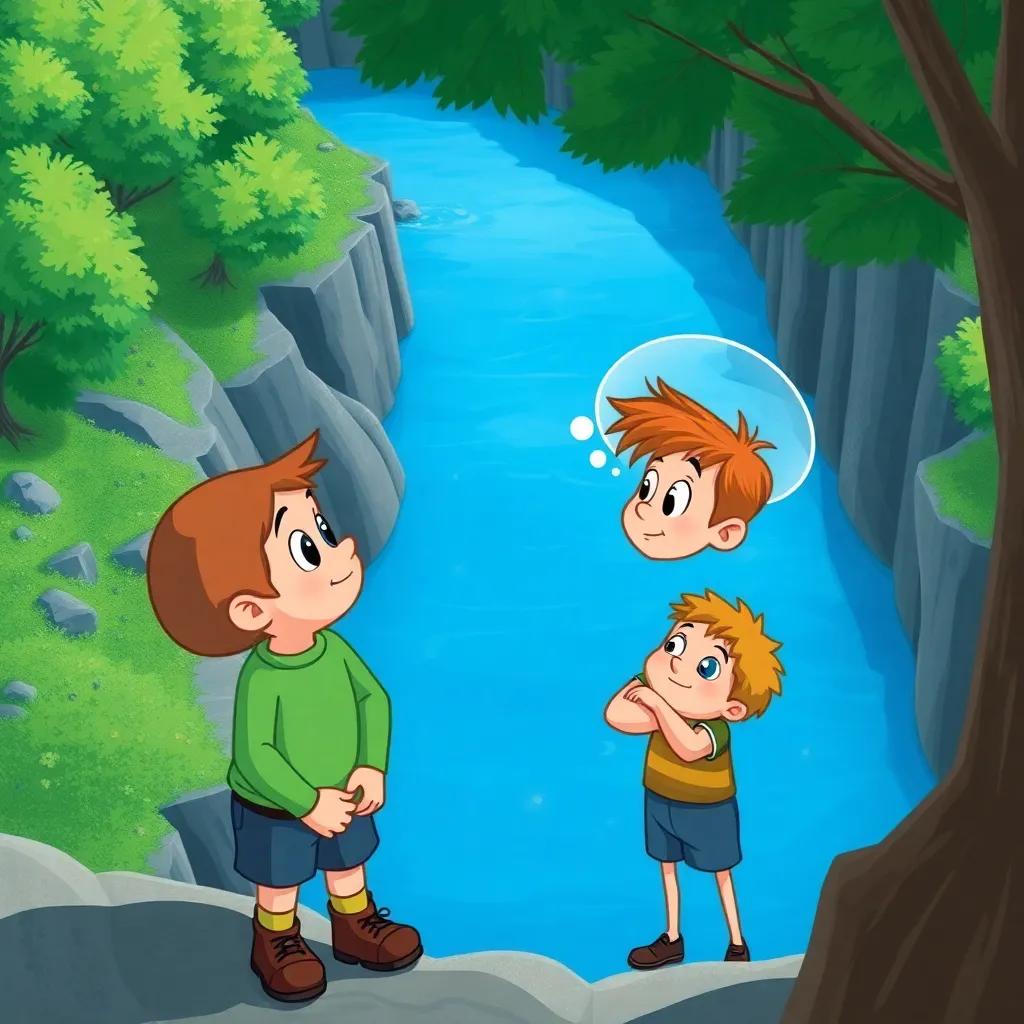 Tom Thumb and the giant looking at a deep river, with Tom thinking of an idea, bright blue water and green trees, cheerful artwork, child-friendly