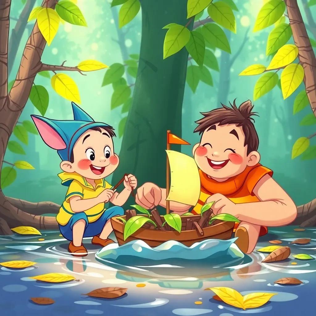 Tom Thumb and the giant working together to make a tiny boat from leaves and twigs, playful scene with big smiles, vibrant colors, engaging illustration