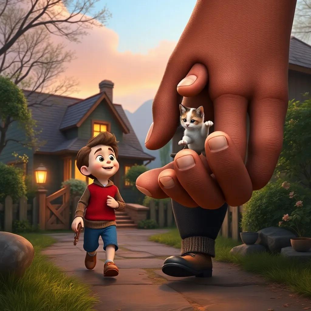 Tom Thumb and the giant carrying a lost kitten in the giant's big hand, walking towards a cozy house, warm lighting, friendly atmosphere, child-friendly