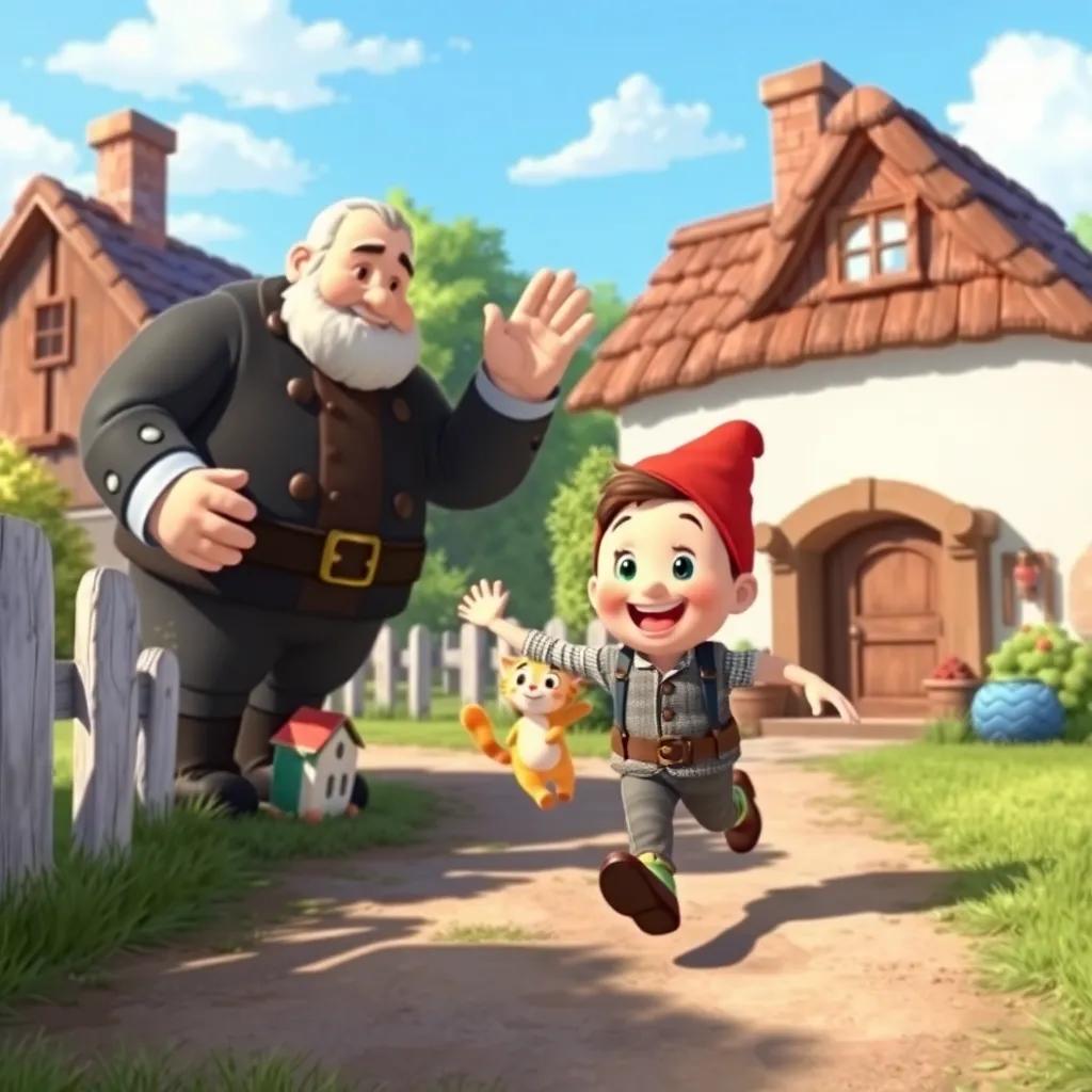 Tom Thumb waving goodbye to the giant and the kitten, running towards his happy parents at the cozy cottage, joyful scene, bright colors, engaging artwork