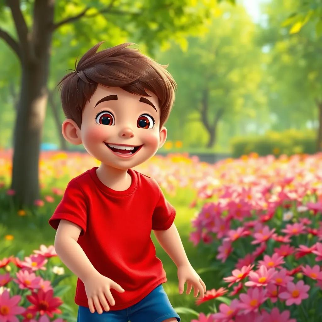 A young boy named Tommy, with short brown hair, wearing a red t-shirt and blue shorts, smiling and playing in a bright green park full of flowers, cheerful atmosphere, playful mood, digital art, vibrant colors, high quality