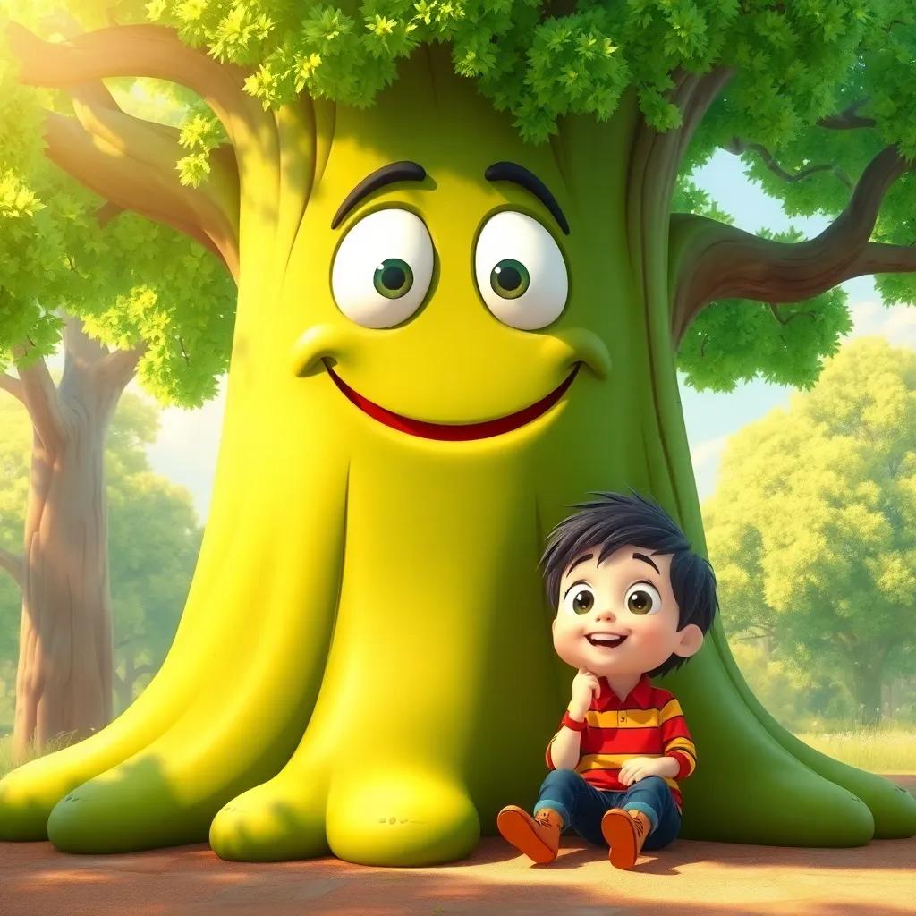 A big green tree named Tilly, with a friendly face, smiling warmly at Tommy, whose eyes are wide with surprise, sitting under warm sunlight, illustration, magical and inviting, colorful and lively, child-friendly